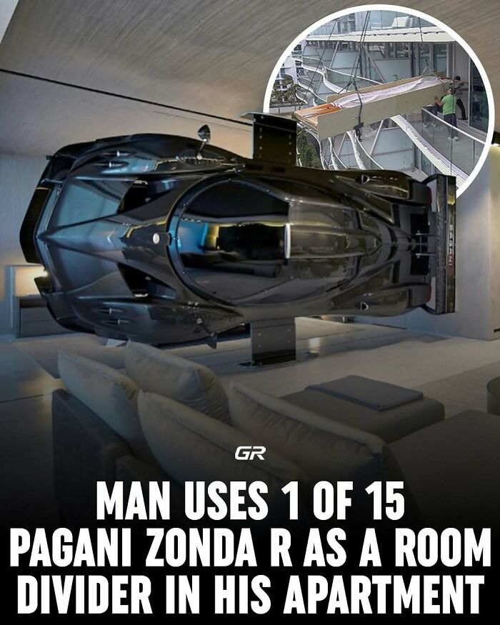 Pagani Zonda R used as room divider in luxury apartment, showcasing unusual interior design.