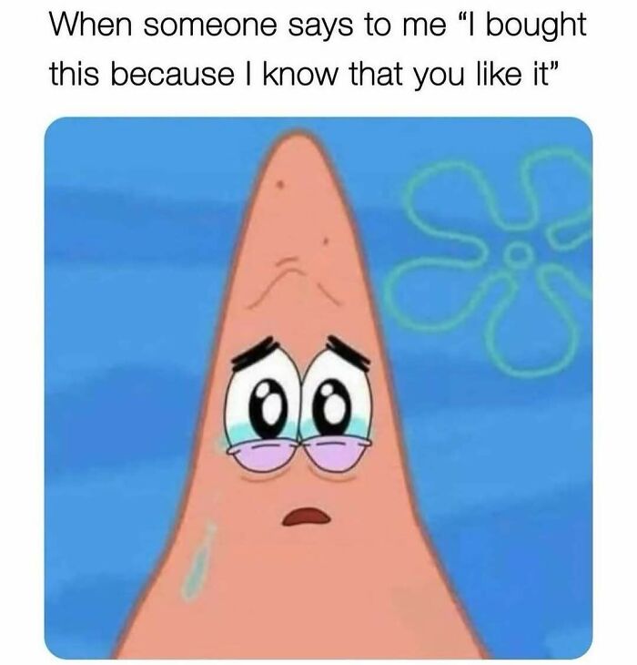 Sad starfish character with large eyes and a tear, relatable meme expression.