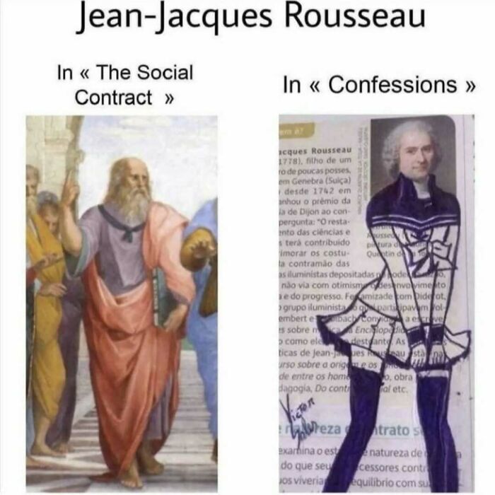 "Philosophy meme featuring Jean-Jacques Rousseau, comparing 'The Social Contract' and 'Confessions' with humorous drawings."