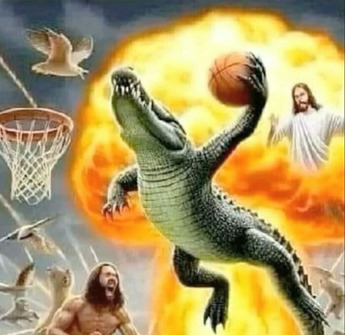 Alligator dunking basketball with explosions and birds in the background for hardest posts IG page.