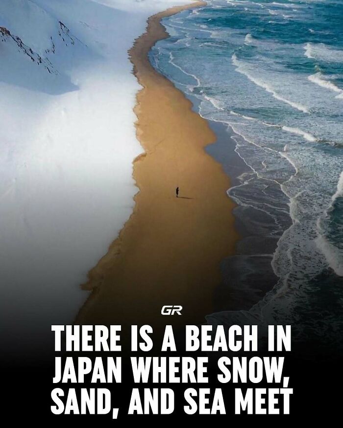 Beach in Japan where snow, sand, and sea meet, showcasing a unique natural phenomenon.