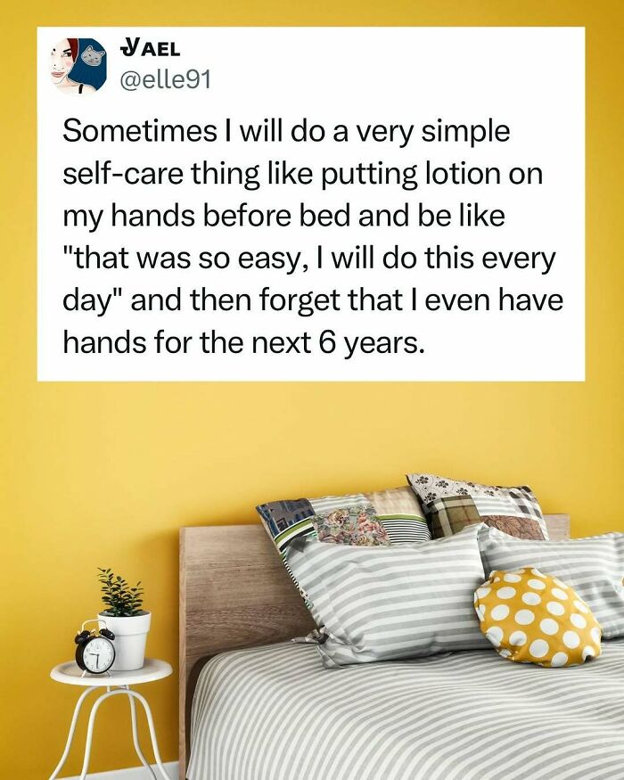 Funny tweet about self-care and forgetting routines displayed above a cozy bed setting.