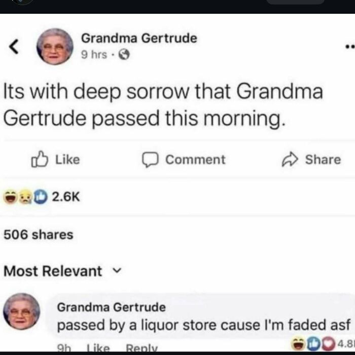 Funny meme about Grandma Gertrude humorously misunderstanding the phrase "passed this morning" on social media.