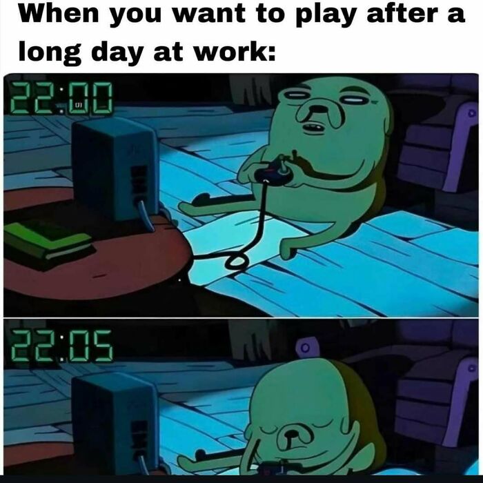 Cartoon character playing video games at night, then falling asleep, illustrating funny memes about gaming exhaustion.