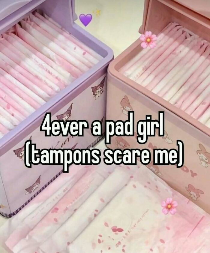 Cute period meme with pastel pad boxes stating, "4ever a pad girl (tampons scare me)."