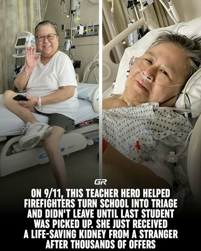 Elderly woman smiling and recovering in hospital, highlighting interesting facts about her life-saving kidney transplant.