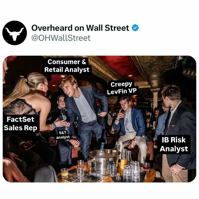 Wall Street professionals at a lively party, each labeled with humorous job titles.
