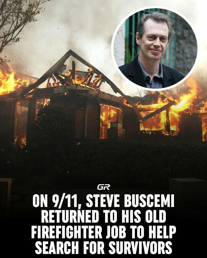 Portrait of a man overlaid on a burning house with text mentioning his return to firefighting on 9/11.