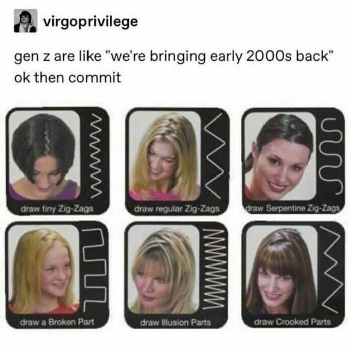 Millennial misery meme comparing Gen Z's early 2000s hairstyle trends with various zig-zag parts.