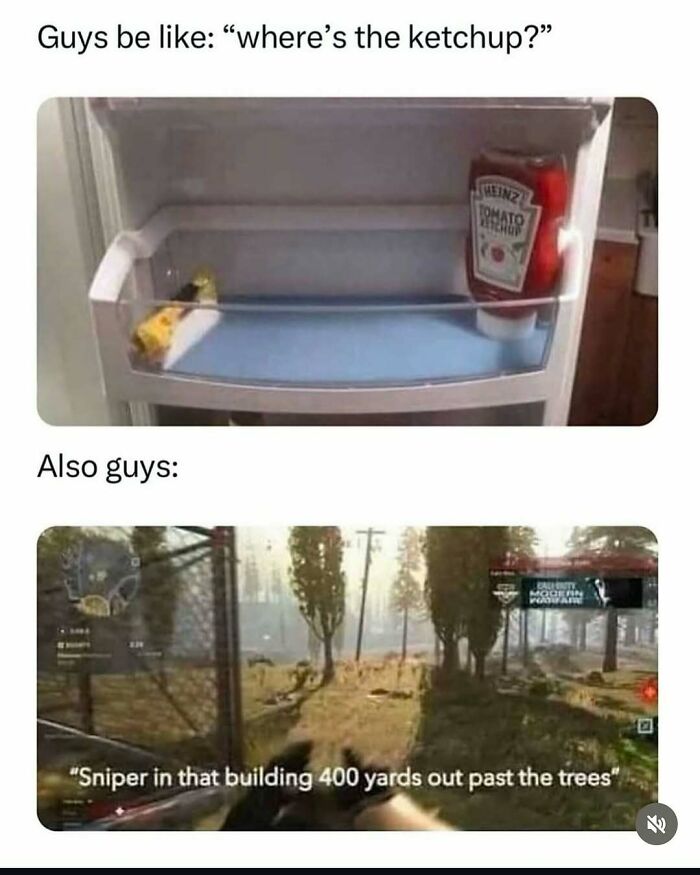 Funny meme showing a fridge with visible ketchup and a gaming scene about sniper accuracy.