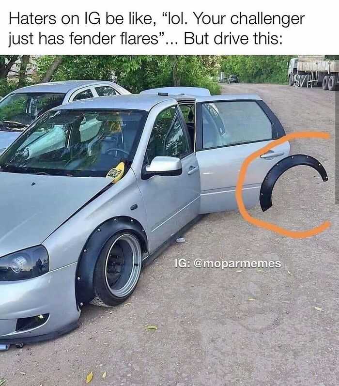 Car meme featuring a silver vehicle with detached fender flares, highlighting humorous car modification.