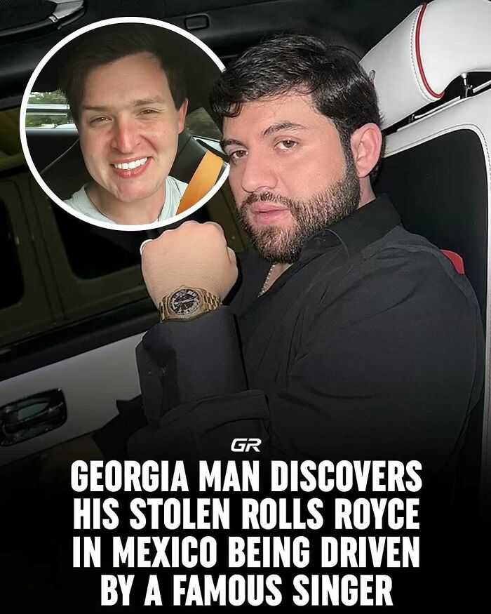 A man in a car with text about a stolen Rolls Royce, connected to interesting facts.