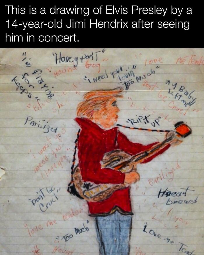 Drawing of Elvis Presley with guitar by 14-year-old Jimi Hendrix, featuring song titles.