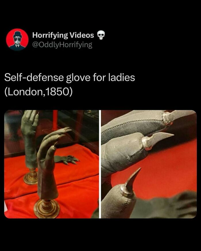 Vintage self-defense glove with sharp claws on display, creating an unnerving feeling.
