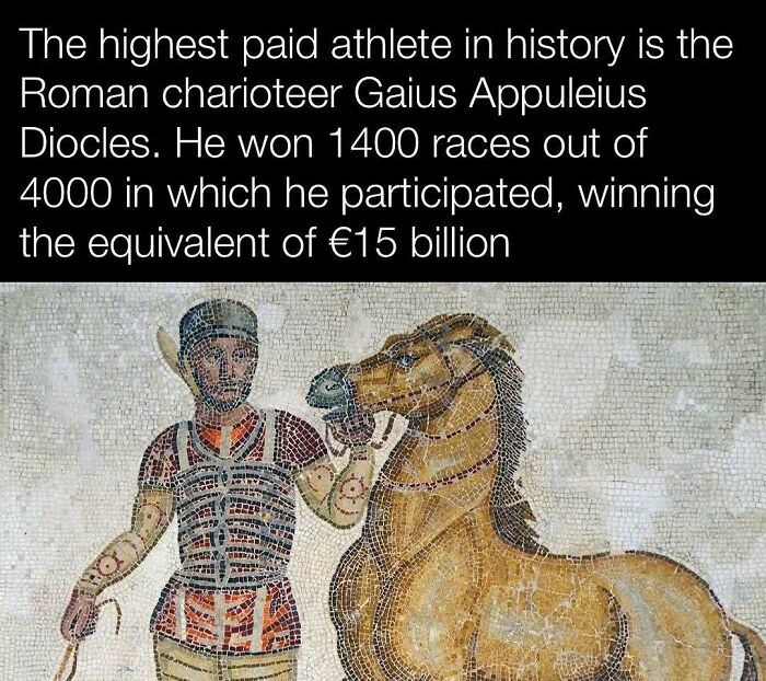 Roman charioteer Gaius Appuleius Diocles with horse; history's highest-paid athlete, mosaic art.