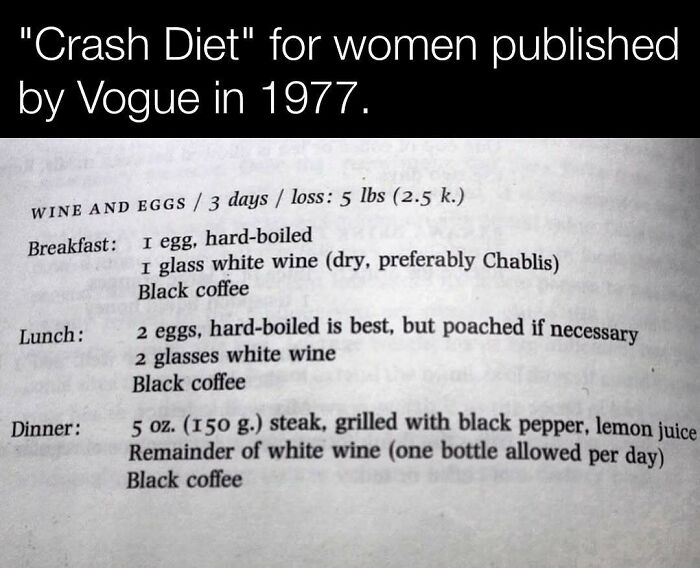 Vogue 1977 crash diet menu featuring eggs, steak, and white wine for rapid weight loss in 3 days.