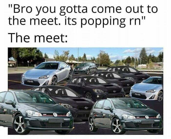 Crowded car meet meme with multiple overlapping cars, humorously depicting an unexpected turnout.