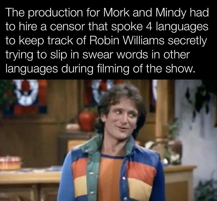 Robin Williams on "Mork and Mindy" set, known for humorous language antics needing multilingual censorship.