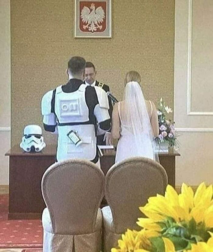 Bride and groom in unique wedding attire, groom dressed as a stormtrooper, highlighting the best IG posts.
