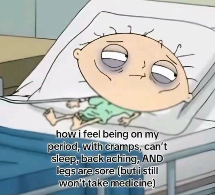 Cartoon character exhausted in bed, humorously depicting period pain with text about symptoms.