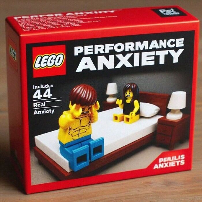 LEGO-style box labeled "Performance Anxiety" with mini figures on a bed, parodying anxiety issues.