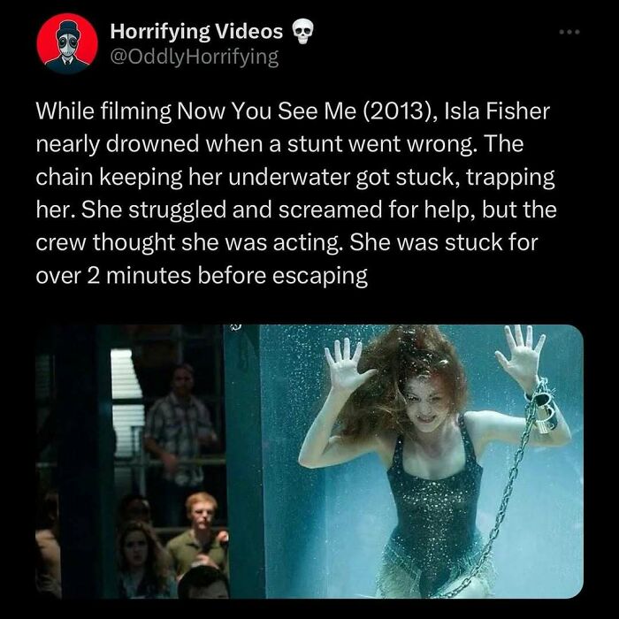Actress underwater in a stunt scene gone wrong, creating an unnerving moment from a movie set.