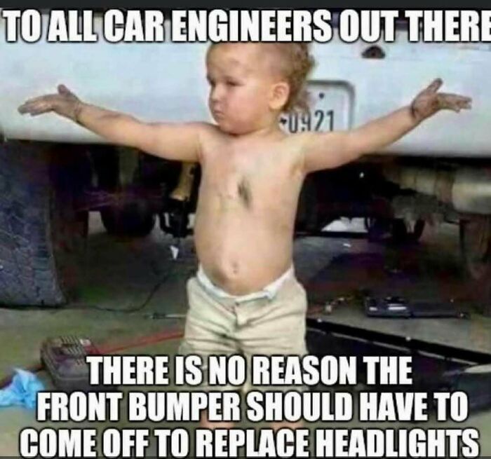 Toddler stands with arms outstretched in front of a car, looking frustrated at humorous car engineering meme.