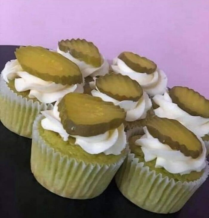 Cupcakes topped with pickles, showcasing a unique twist from a popular IG page.