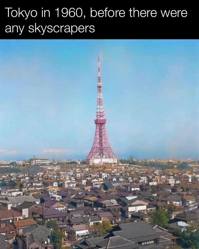 Tokyo 1960 skyline with Tokyo Tower, no skyscrapers visible, illustrating historic cityscape development.