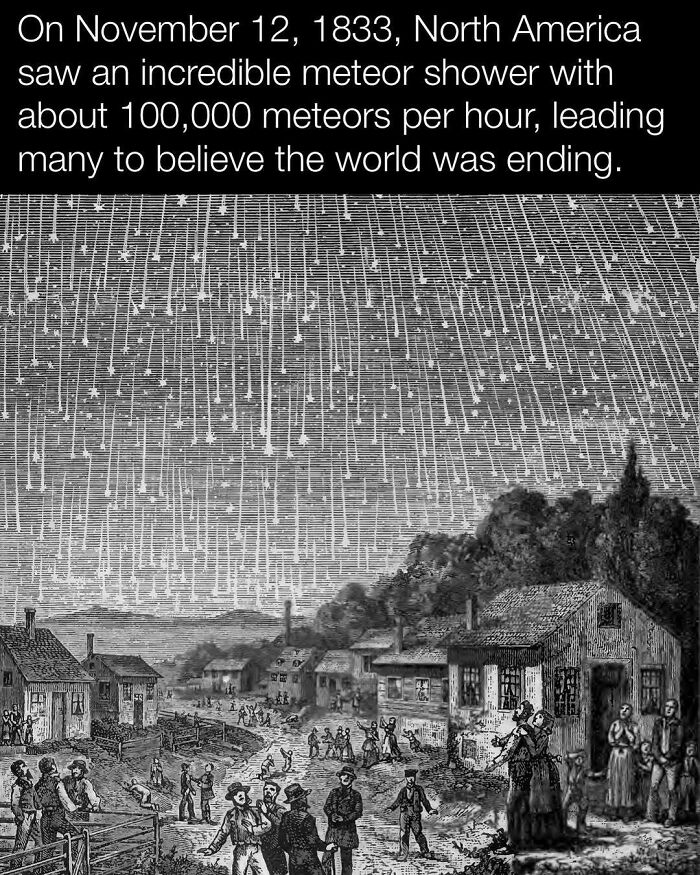 Historic meteor shower illustration with people watching, November 12, 1833; believed to signal world's end.