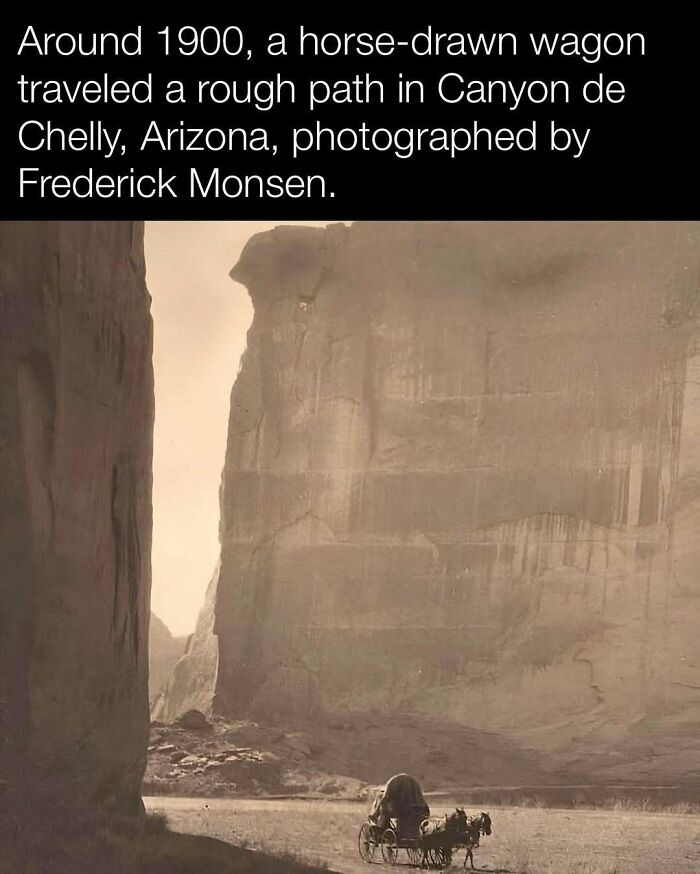 Horse-drawn wagon in 1900s Canyon de Chelly, Arizona, photographed by Frederick Monsen.