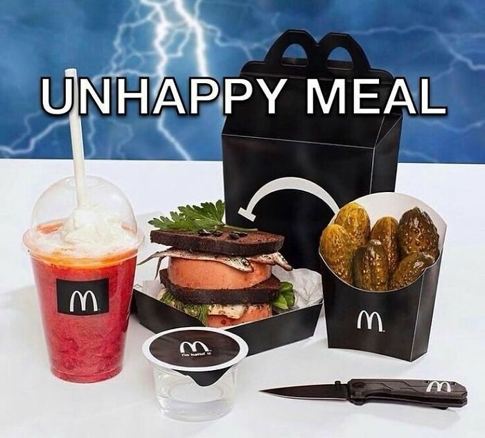 Unhappy Meal with burger, pickles, drink, and knife, featuring a dark theme and stormy backdrop.
