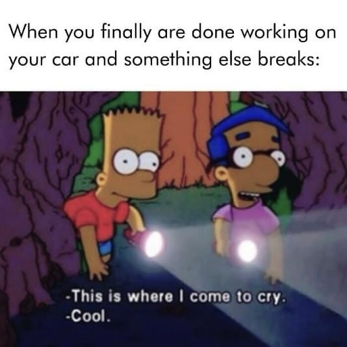 Cartoon characters with flashlights, caption about cars breaking after repair; car memes humor.