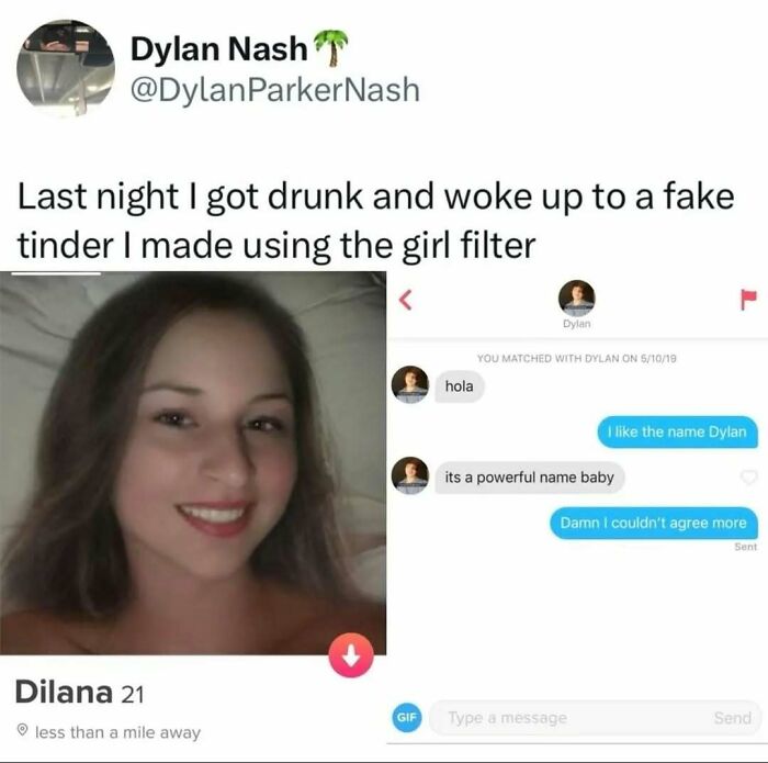 Funny meme of a man accidentally creating a fake Tinder profile using a girl filter, leading to humorous conversations.