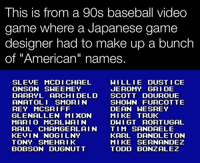 90s baseball game screen with humorous American names by Japanese designer.