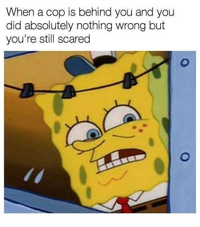 SpongeBob meme with humorous car-related caption, capturing anxious expression.