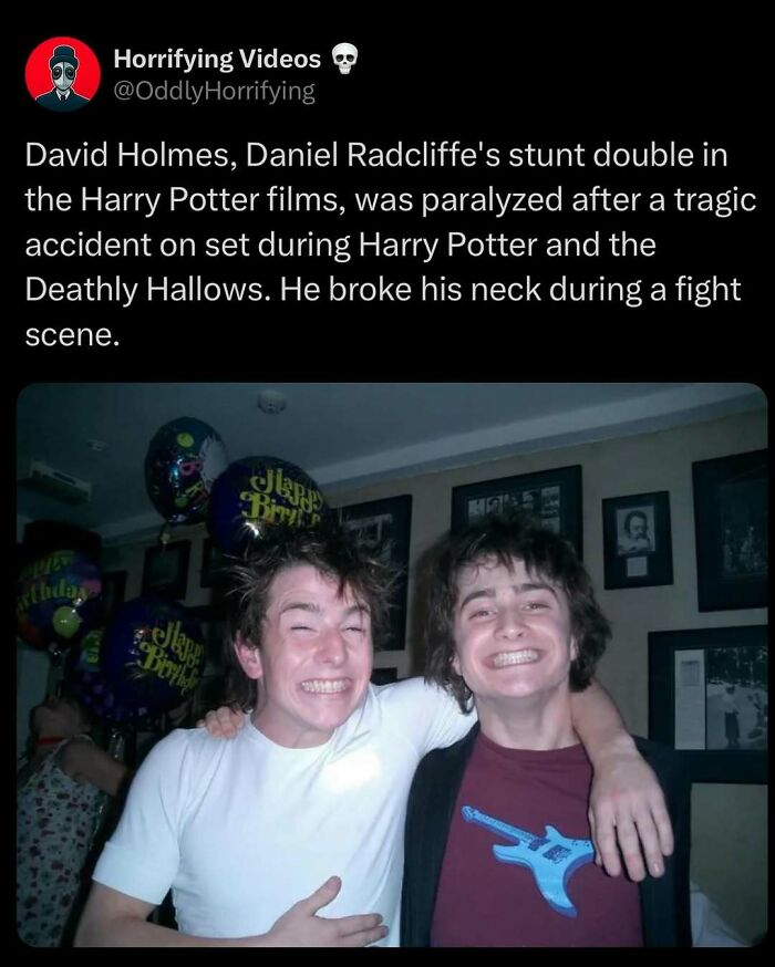Two young men grinning with birthday balloons behind, creating an unnerving atmosphere at an "Oddly Horrifying" gathering.