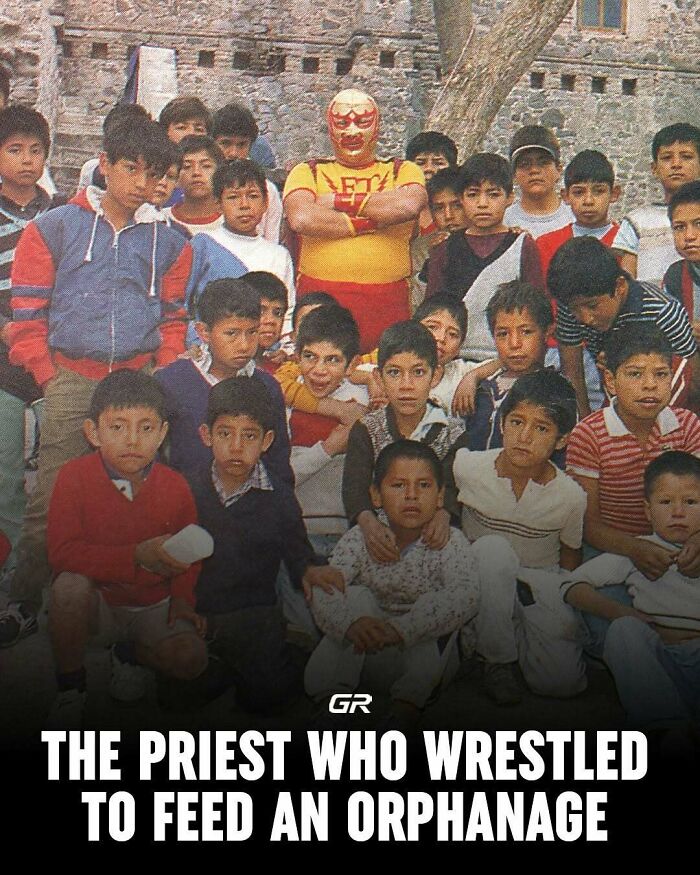 Masked wrestler in yellow with orphanage children, illustrating interesting facts about his unique mission.