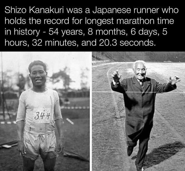 Japanese runner Shizo Kanakuri holds the longest marathon record in history, spanning 54 years, captured in two photos.