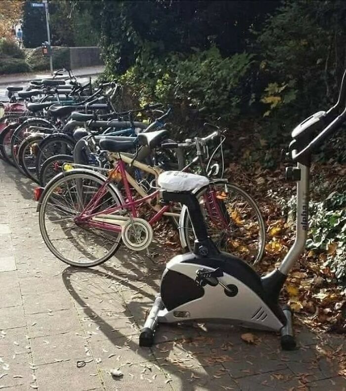 An exercise bike humorously parked among regular bicycles on a leafy sidewalk.