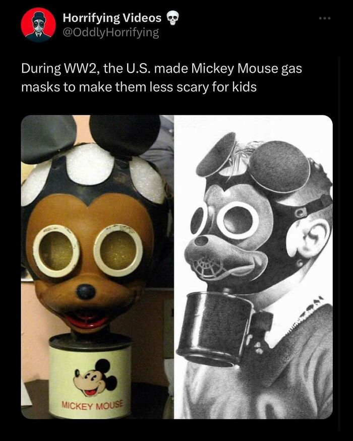 Mickey Mouse gas masks from WWII, designed to be less scary for kids, present an oddly horrifying appearance.