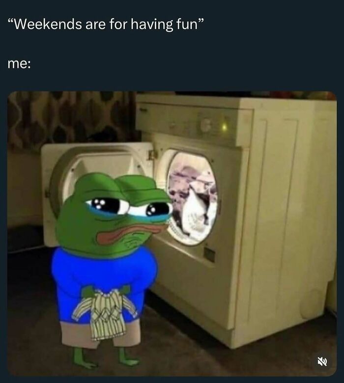 Sad Pepe meme near a dryer, holding clothes, with text "Weekends are for having fun" as a funny meme.
