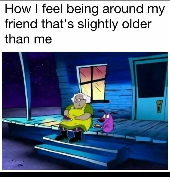 Cartoon character sitting with a purple dog on a porch at night, capturing a funny meme moment.