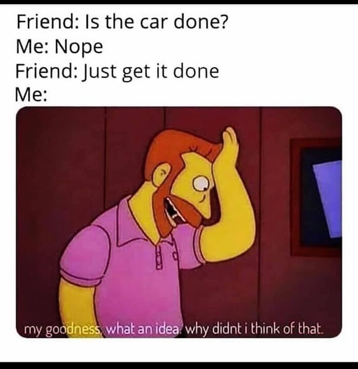 Cartoon character facepalming in a car-themed meme, with humorous dialogue about car repairs.