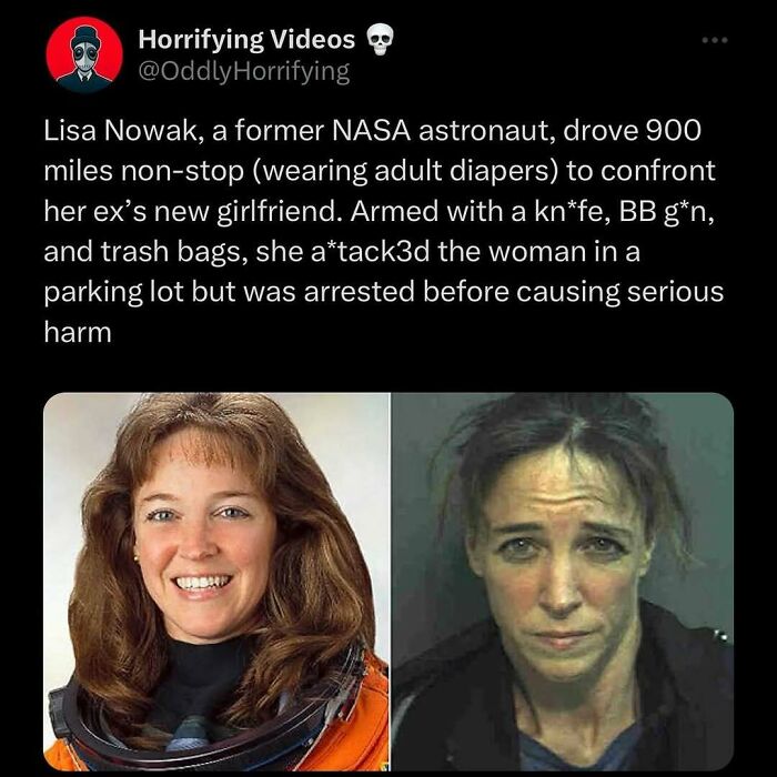 Two side-by-side images of a woman: one in an astronaut suit, the other disheveled. Oddly horrifying story captioned above.