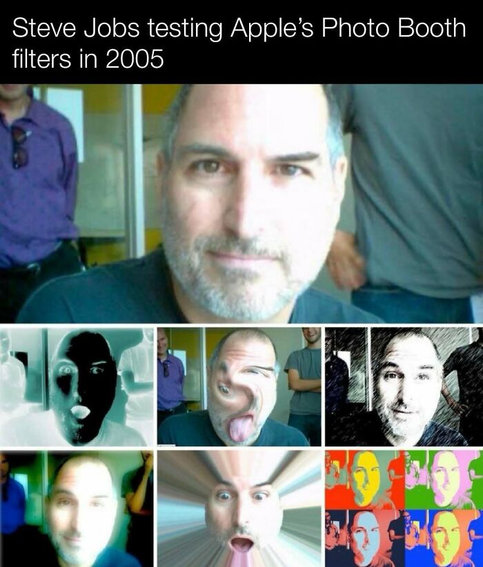 Tech icon testing Apple's Photo Booth filters in 2005, showing varied effects and expressions in a collage format.
