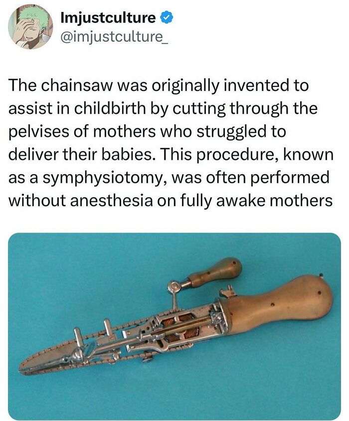 Vintage chainsaw used in childbirth procedures, showcasing an unusual fact to share with family this Easter.