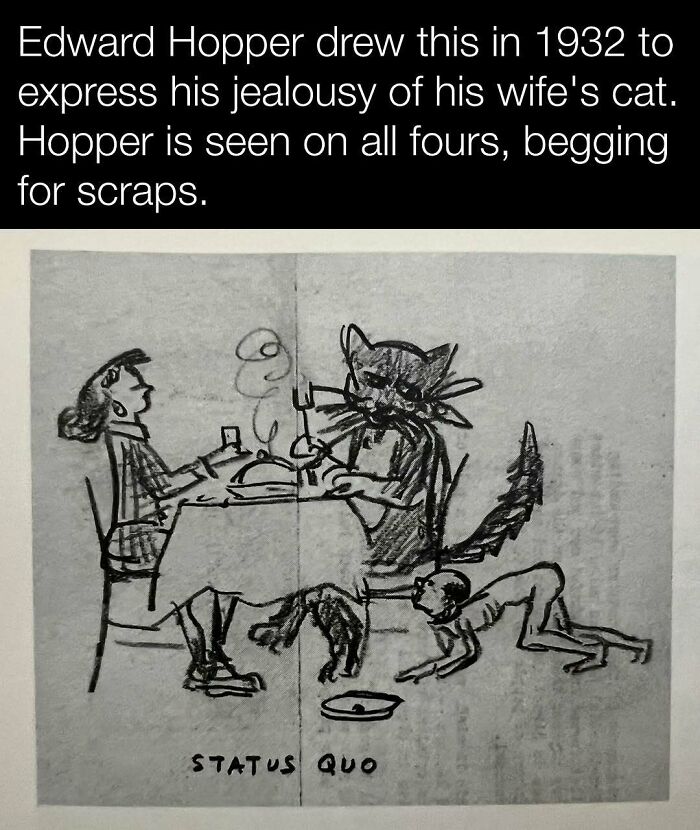 Edward Hopper 1932 sketch showing a cat at a dining table, with a person on all fours nearby, humorously conveying jealousy.