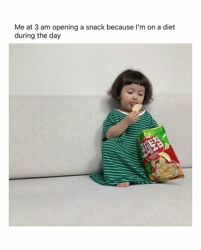 Toddler in a green striped dress eating chips, capturing a relatable meme moment at 3 am.