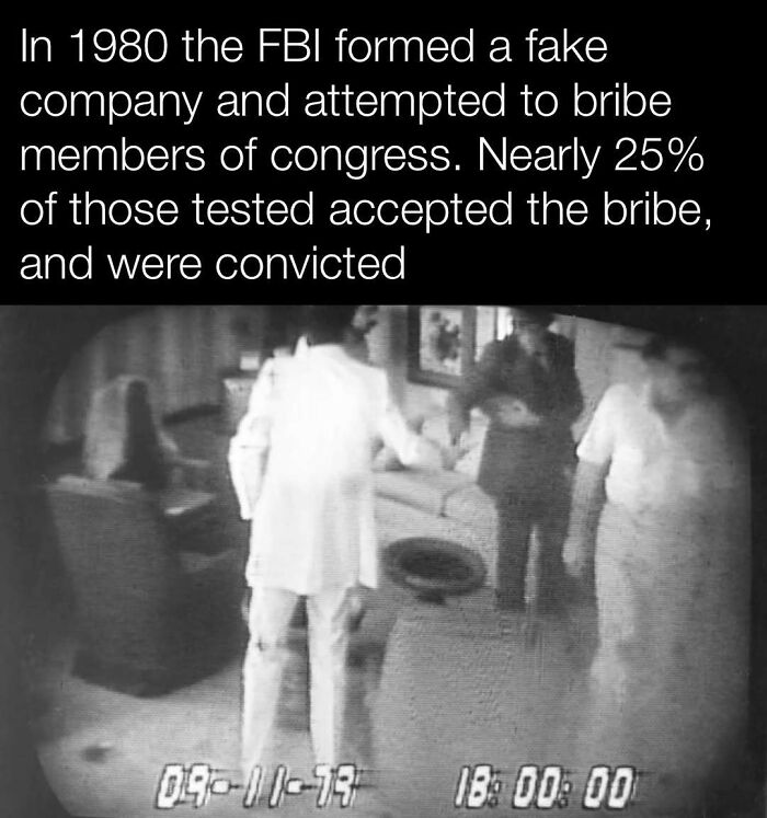 FBI sting operation in 1980 targeting members of Congress for bribery, captured in a black and white surveillance photo.